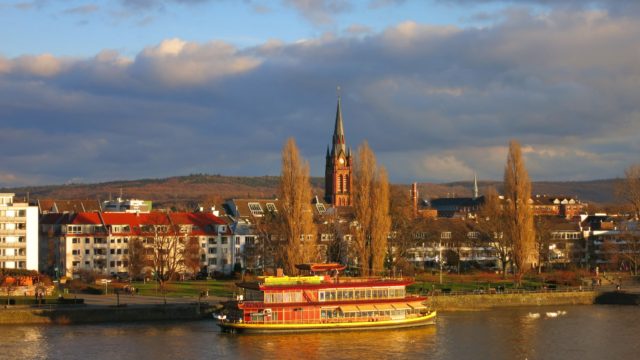 Bonn and the Rhine river with an old fashion river boat
